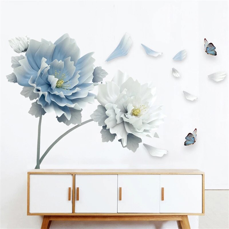 Große Weiß Blau Blume Lotus Schmetterling Abnehmbare Zauberstab Aufkleber 3D Zauberstab Kunst Decals Heimat Dekor Wandbild Kunst für Wohnzimmer schlafzimmer