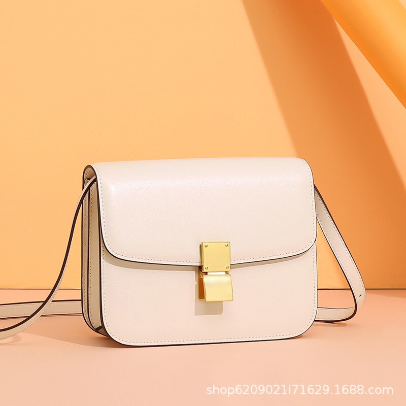 Sommer Frauen Tasche BOX Aus Echtem Leder Umhängetasche Klassische Frauen Messenger Taschen Mädchen Schräg Lock-Taste Taschen: beige 23.5cm