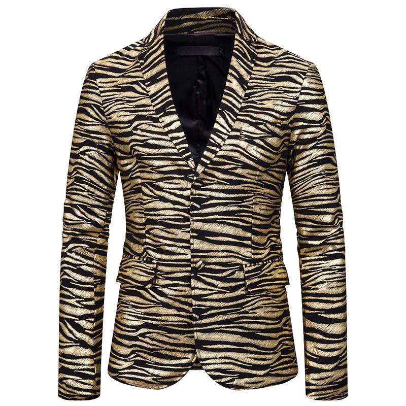 Shenrun herr kavaj slim fit jacka tiger randigt tryck kostym jackor scen sångare värd kostym casual kavaj guld silver: Guld- / S