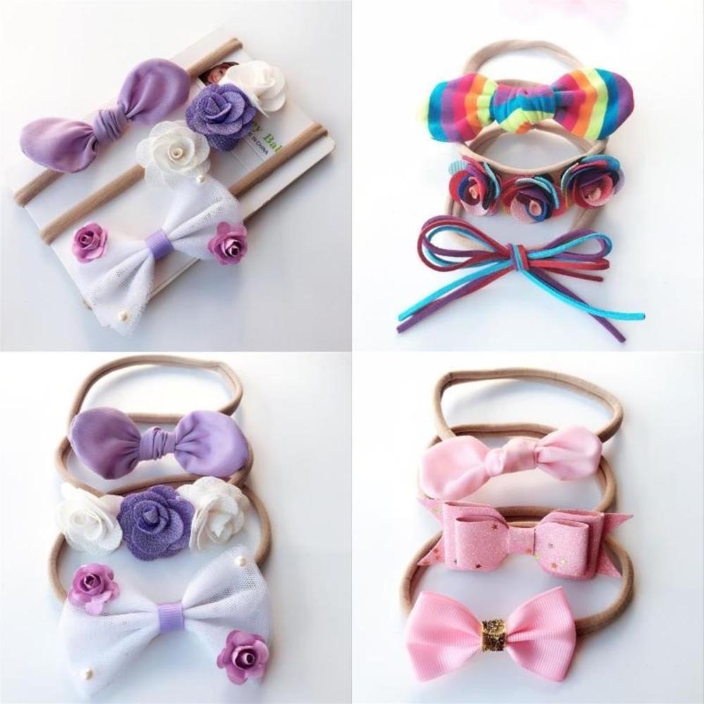 3 unids/set Multi colores diadema para bebés (niñas) suave encantador conejo flaco oreja nailon elástico flor diadema de lazo para la cabeza