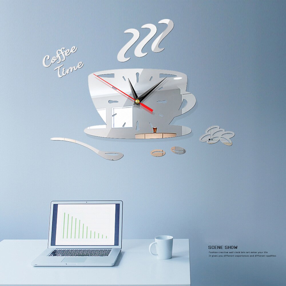 3D DIY Acrylic Wall Clock Modern Kitchen Home Decor Coffee Better Time Clock Cup Shape Needle Wall Clock Sticker: Silver