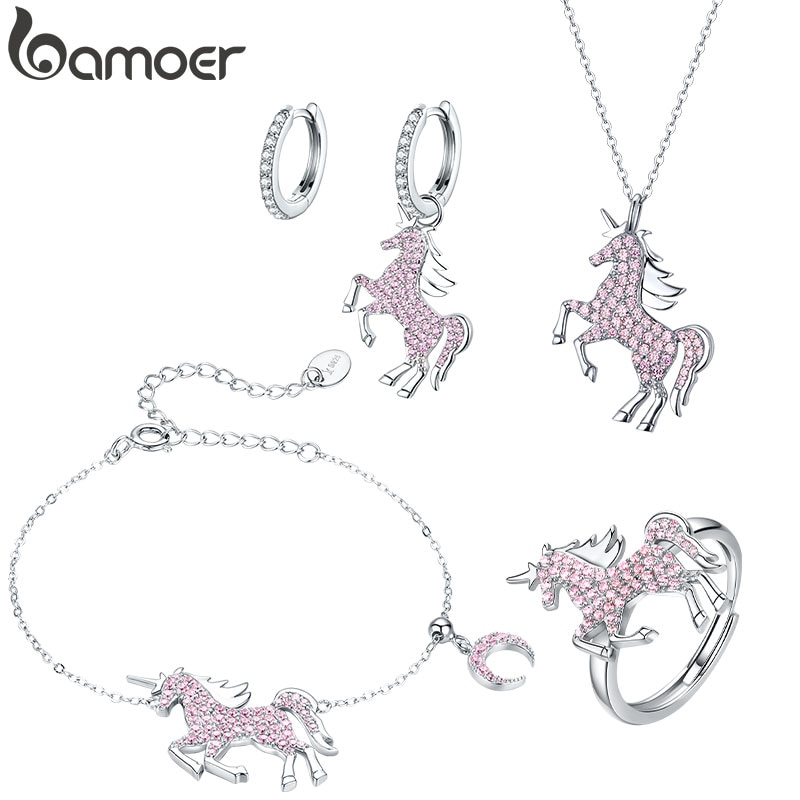 bamoer 925 Sterling Silver Jewelry Sets Pink Licorne Pendant Necklace for Women Chain Necklaces Earrings Wedding Jewelry ZHS187