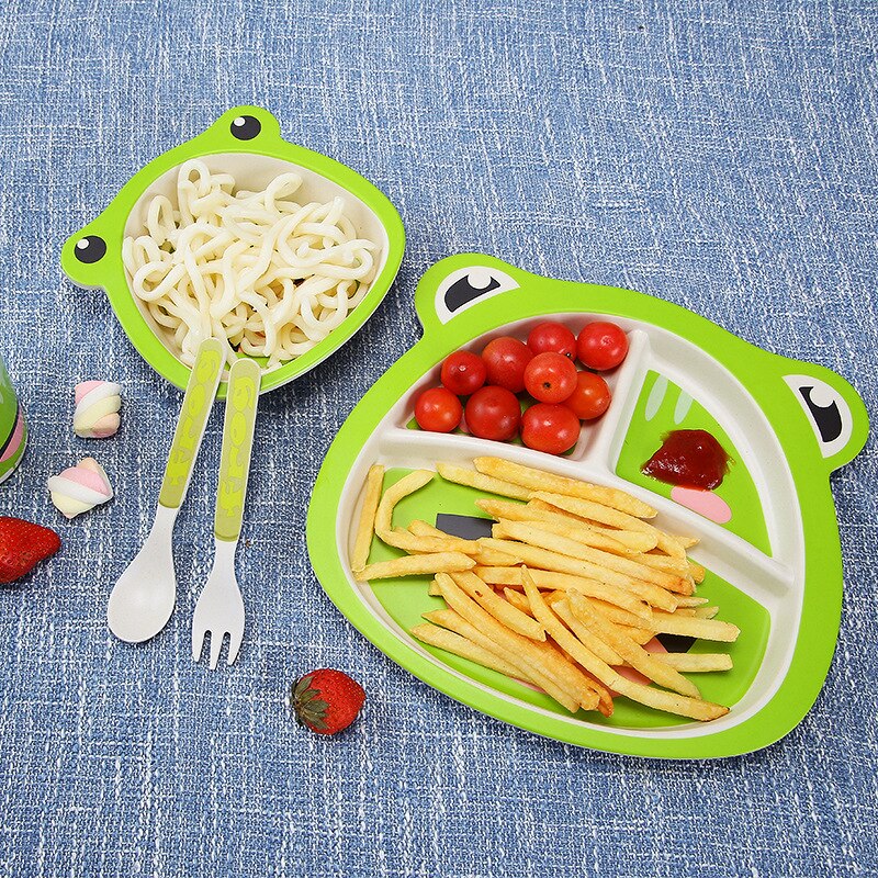 5 pièces/ensemble bébé dessin animé assiette vaisselle Anti-chute ensemble de vaisselle 4 fentes enfants vaisselle fourchette cuillère bambou assiette ensemble couverts