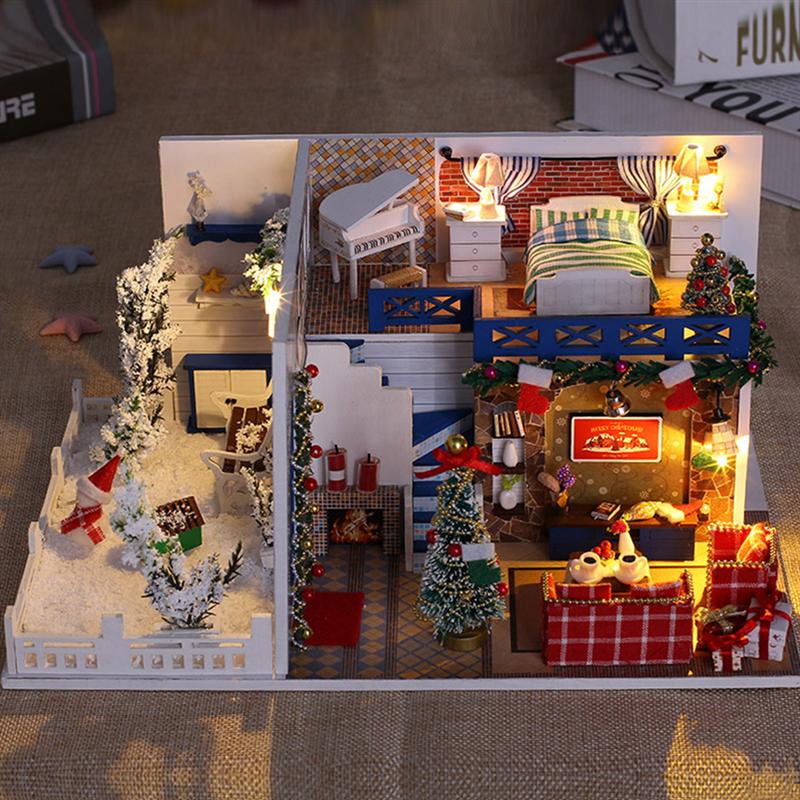 1 Set Christmas Mini House Miniature DIY House Kit Educational Handmade Assembly Model Room Furniture Without Battery