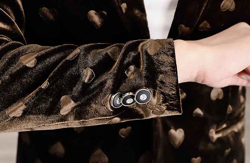 Stylowy nadruk w kształcie serca aksamitna marynarka marynarka męska 2021 wiosna nowy szczupły krój jeden guzik Blazers męski w stylu Casual, imprezowa kostium ślubny Homme