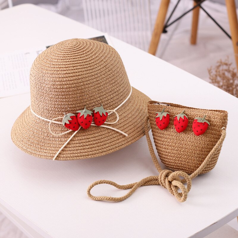 Chapeau et sacs en paille à fleurs pour enfants, ensemble deux pièces décontracté pour filles, sac à bandoulière + chapeau de soleil pour bébé, plage, panama, gorros: NO.001