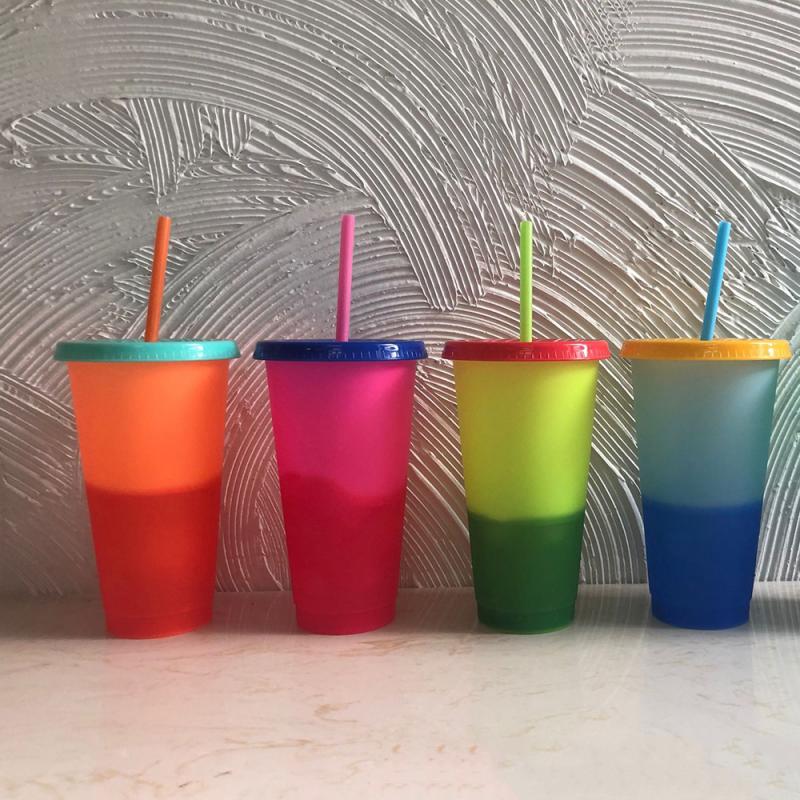 710ML Temperature Color Changing Cold Cups Plastic Reusable Magic Tumbler Juice Coffee With Straws Drink Water Bottle 1PC