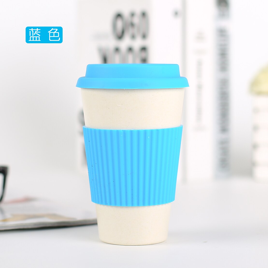 12OZ Eco-friendly Bamboo Fiber coffee Cup mugs coffee tumbler water bottle with cup cover: blue