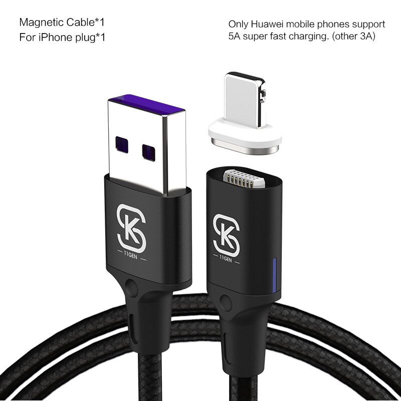 SIKAI 11 Gen 5A Magnetic Cable for iPhone Xiaomi Oppo Fast Charging USB Cable Magnetic Charger Wire Cord for Samsung Huawei: Black for Apple / 1.2m