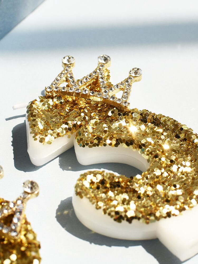 Yellow Pink Candle Sequins Shiny Crown Number 0-9 Cake Topper Insert For Girl Birthday Party Dessert Table Wedding Day