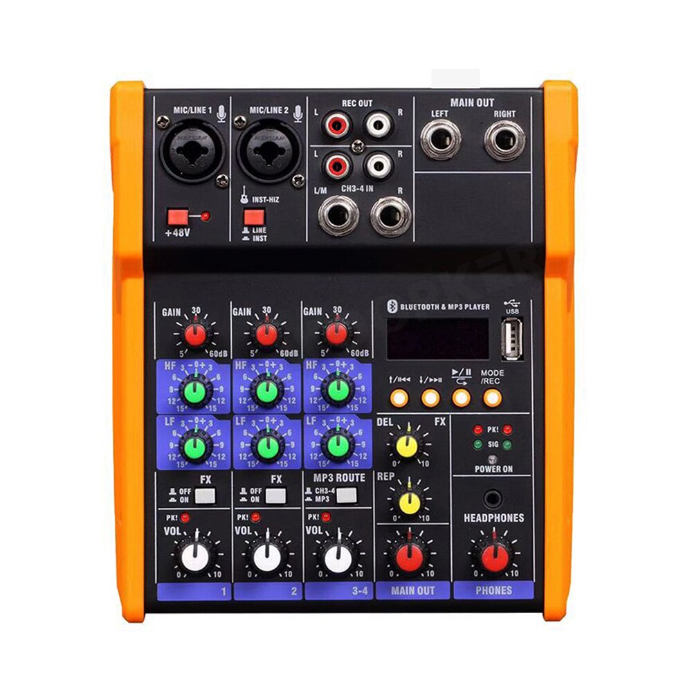 4 Channel Audio Mixer Console With Wireless Microphone Sound Mixing With Bluetooth Usb Mini Dj Mixer for Computer Recording: orange solo