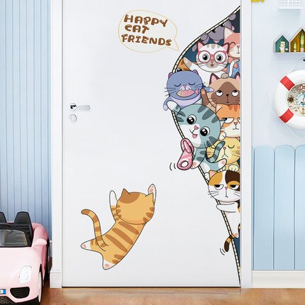 Happy Cat Friends Kids Room Wall Sticker DIY Cartoon Animal Door Stickers Nursery Wall Decals Mural Wallpaper