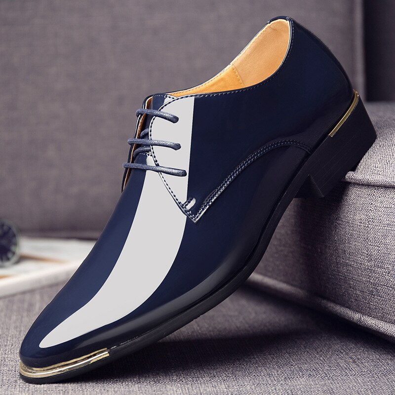 mens patent leather shoes men dress shoes lace up Pointed toe wedding Business party 5 colors big size rtg5: Blue / 6.5