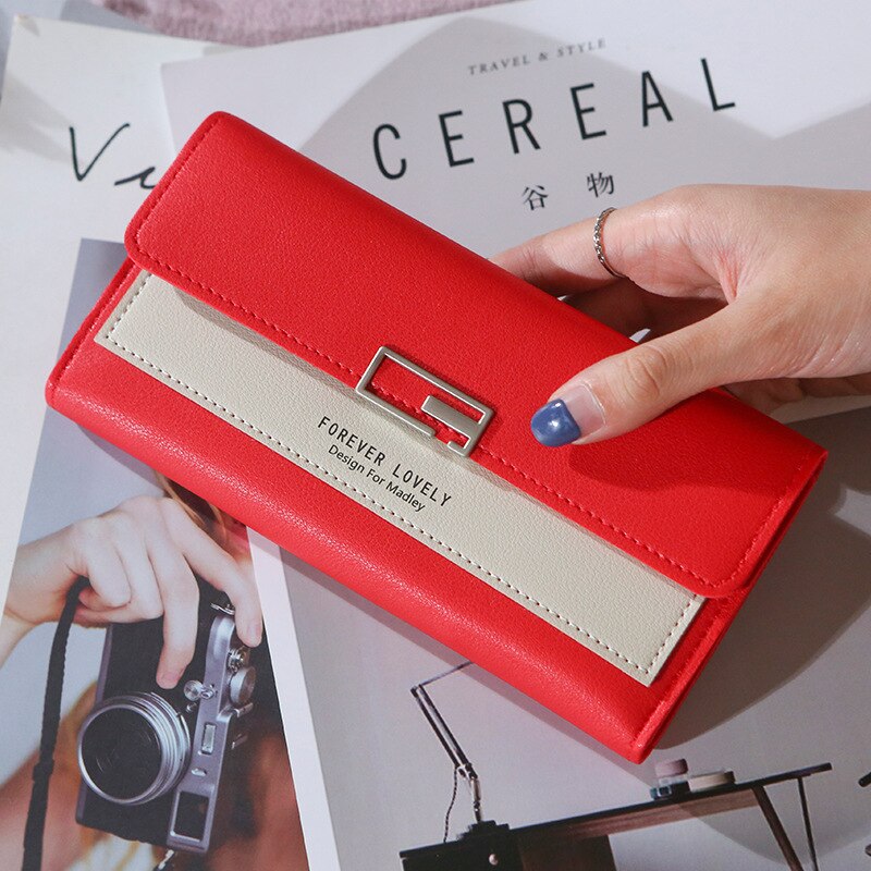 Vrouwen Pu Lederen Koreaanse Stijl Lange Portefeuilles Vrouwelijke Portemonnees Clutch Card Portefeuilles Houder Patchwork: Rood