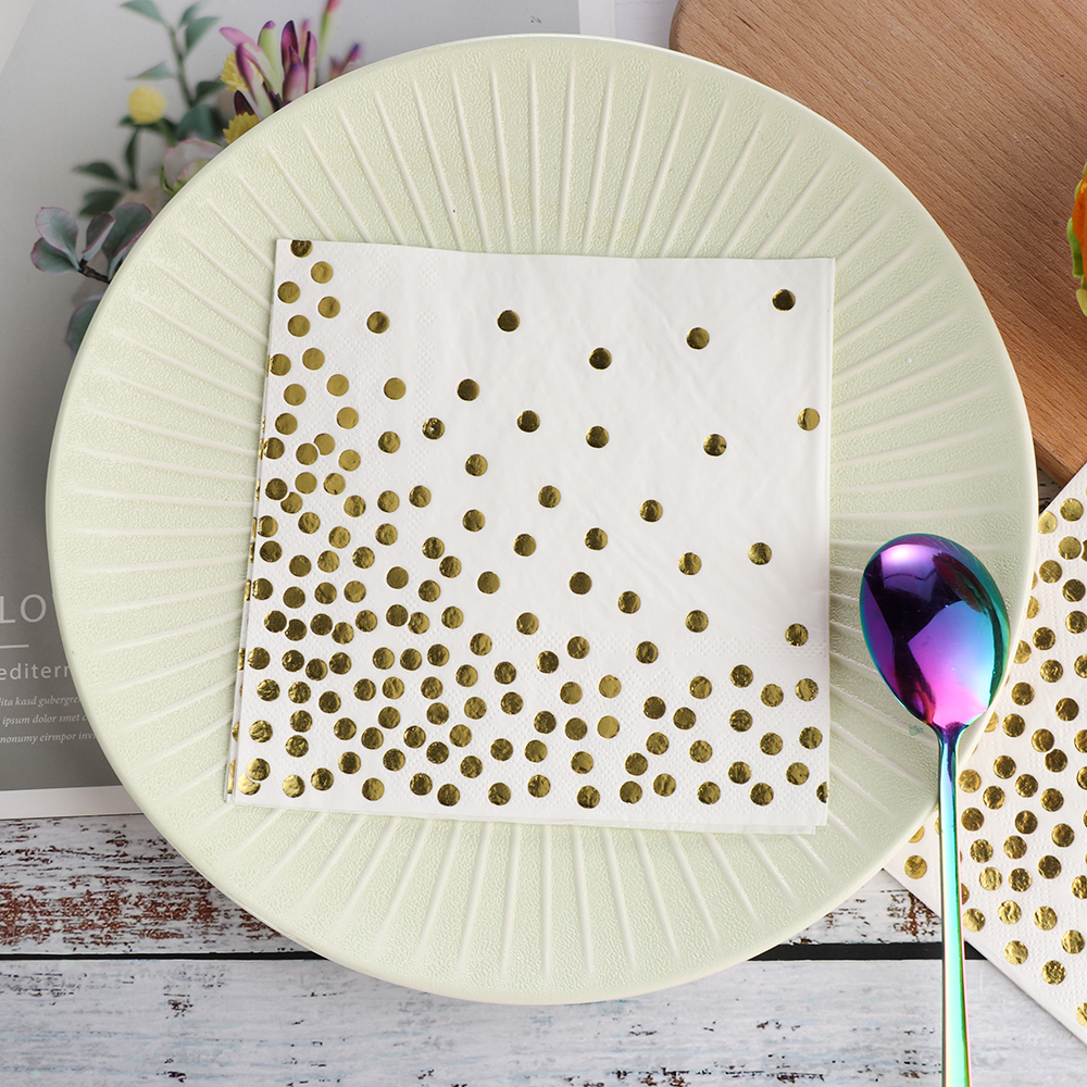 Lote de 20 unidades de servilletas de papel de aluminio dorado con topos, servilletas de papel para decoración de mesa para hogar, bodas, fiestas, restaurantes