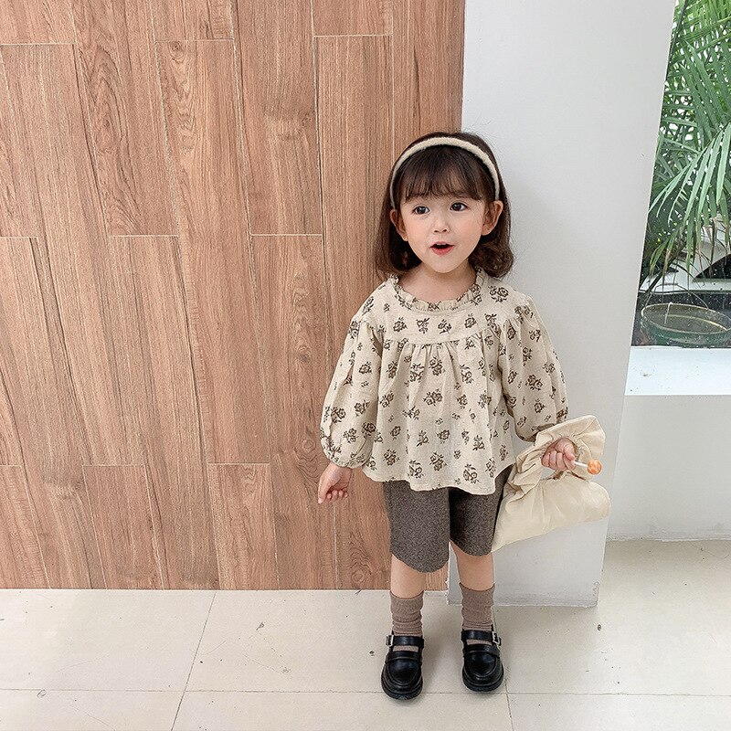 Blusa de lino y algodón con estampado floral para niña, blusa holgada de manga larga para otoño,