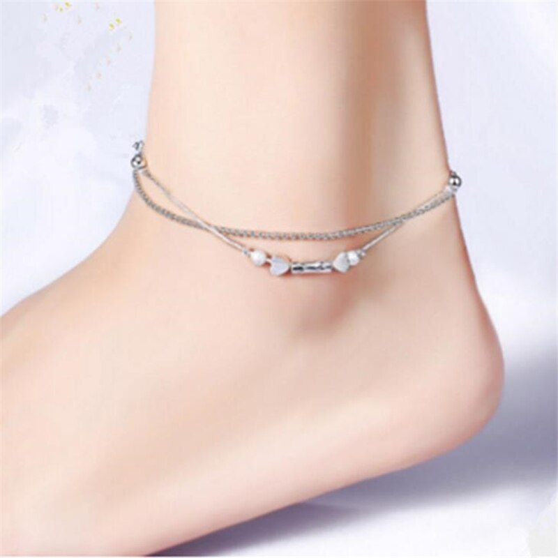 Kofsac 925 Sterling Zilveren Enkelbanden Voor Vrouwen Glossy Kralen Liefde Hart Kleine Buis Enkels Ketting Armband Sieraden Meisje Beste
