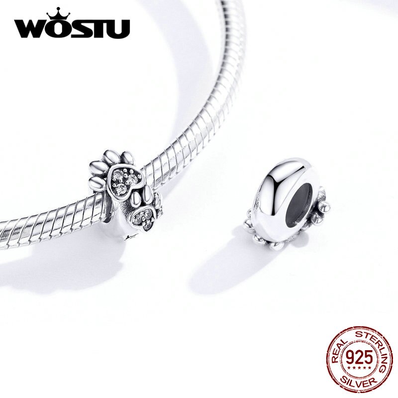 WOSTU 925 Sterling Silver Silicone Stopper Spacer Paw Dog Footprint Beads Charms Fit Original Bracelet Jewelry CQC1312