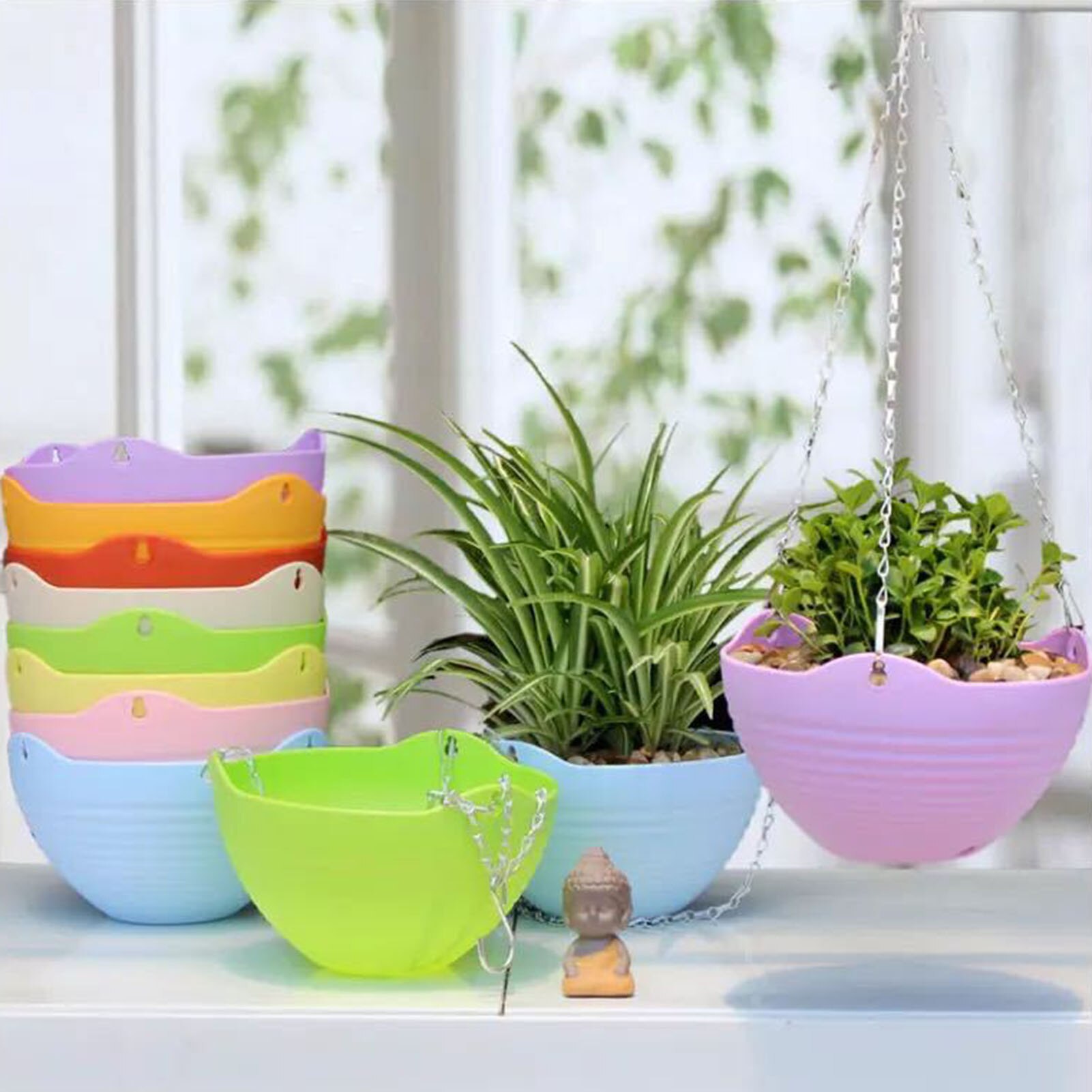 Hanging Plastic Flower Pots Garden Plant Pots Woven Hanger Planter Decorative Flower Pot Hanging Basket Balcony Decoration