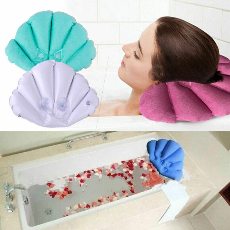 Soft Home Spa Inflatable Bath Pillow Cups Shell Shaped Neck Bathtub Cushion Support Pillow Bathtub Cushion Random Color