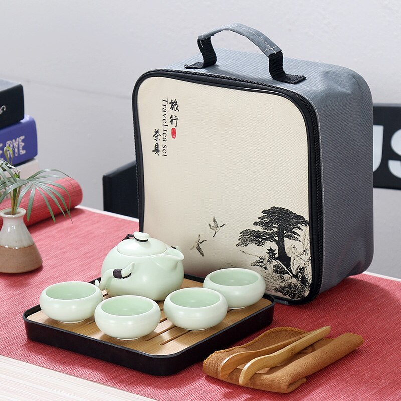 Portable Chinese Travel Kung Fu Tea Set Ceramic Teapot Porcelain Teaset Gaiwan Tea Cups of Tea Ceremony Tea Pot With Travel Bag: C-Green