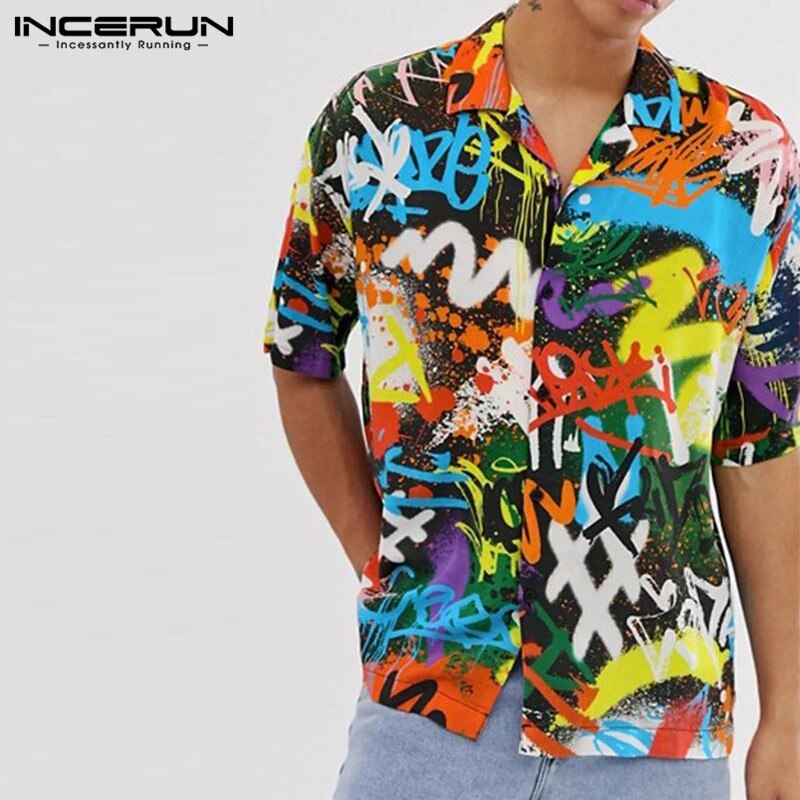 Incerun sommer skjorter med print til mænd kortærmede løs reversskjorte afslappet åndbar camisa mænd hawaiianske skjorter s -3xl
