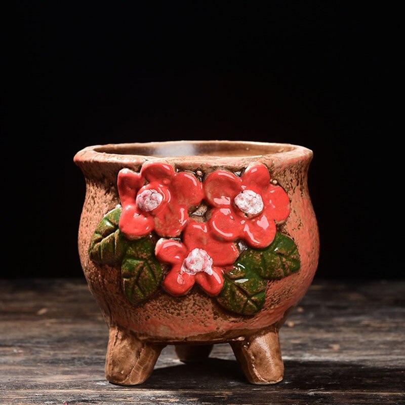 Ceramic Flowerpot Coarse Poterry Floral Pattern Fleshy Plant Pot Breathable Vase Office Desktop Ornaments Garden Decor: 7x7.5cm
