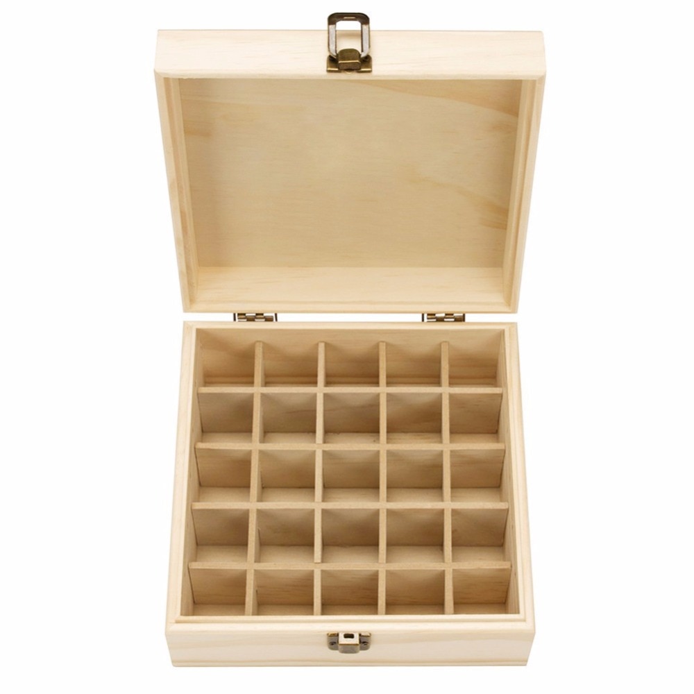 Frascos de aromaterapia de madera maciza con 25 ranuras, soporte para caja de aceites esenciales, organizador de almacenamiento para el hogar, 18,3x18,3x8,3 cm, madera de pino