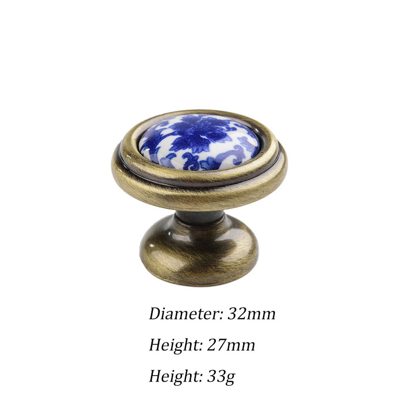 Tiradores de cerámica para armarios y cajones, pomos de puerta redondos con flores azules, tiradores de muebles Vintage, tiradores de armario de bronce antiguo: Negro