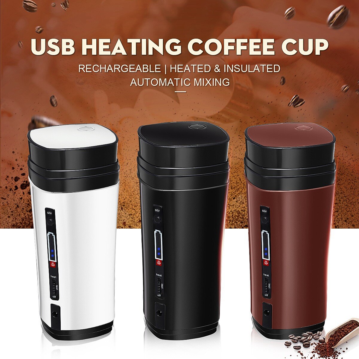 USB Rechargeable Coffee Cup Heating Bottle Self Stirring Auto Mix Mug Warmer