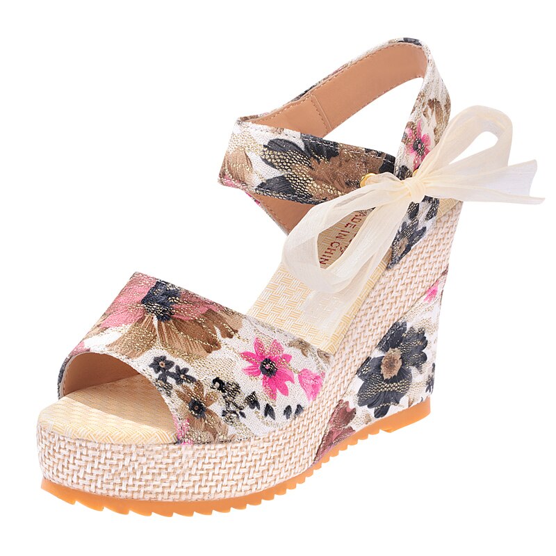 Zomer Strand Boho Bloemen Wedge Sandalen Vrouwen Enkelbandje Platform Gladiator Schoenen Vrouw Hoge Hakken Sandalias Mujer: Rose red-2 / 35