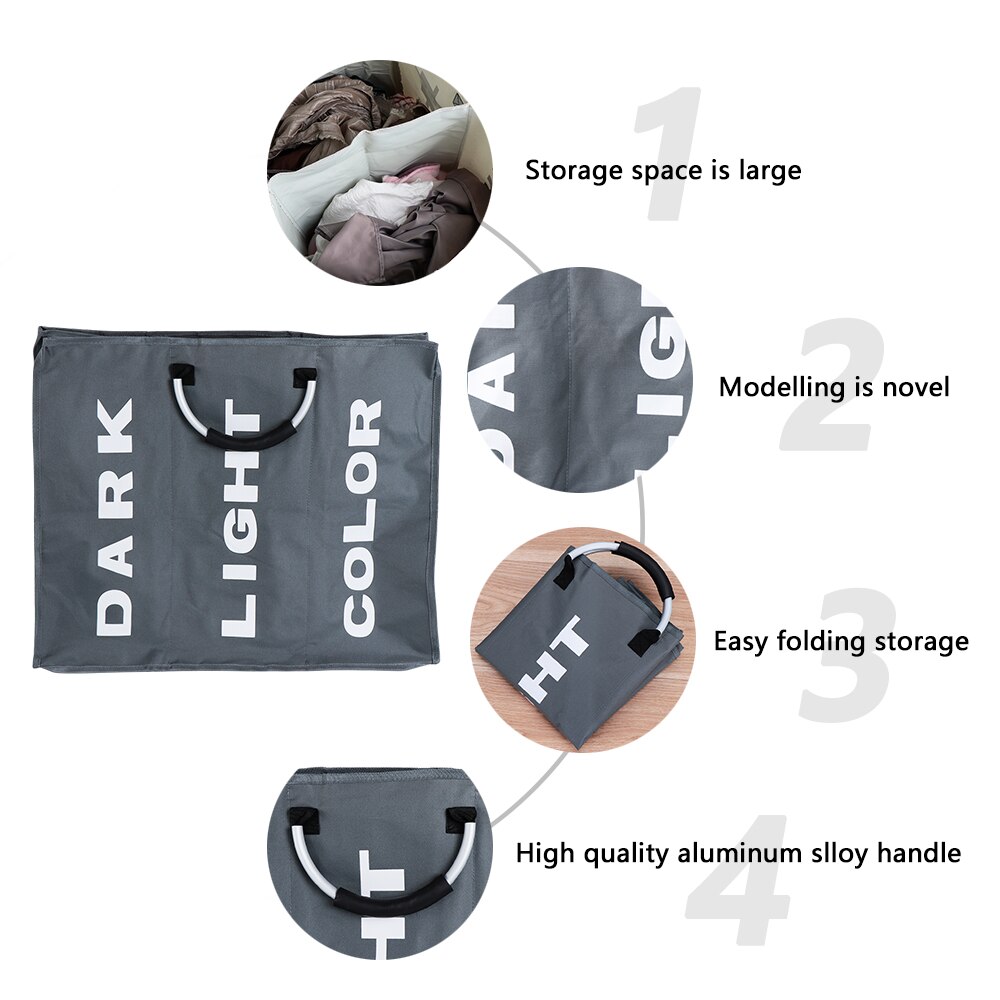 Opvouwbare wasmand, grote wasmand, 3 -delige sorteermand, oxford-doek tas voor vuile was met aluminium handvat