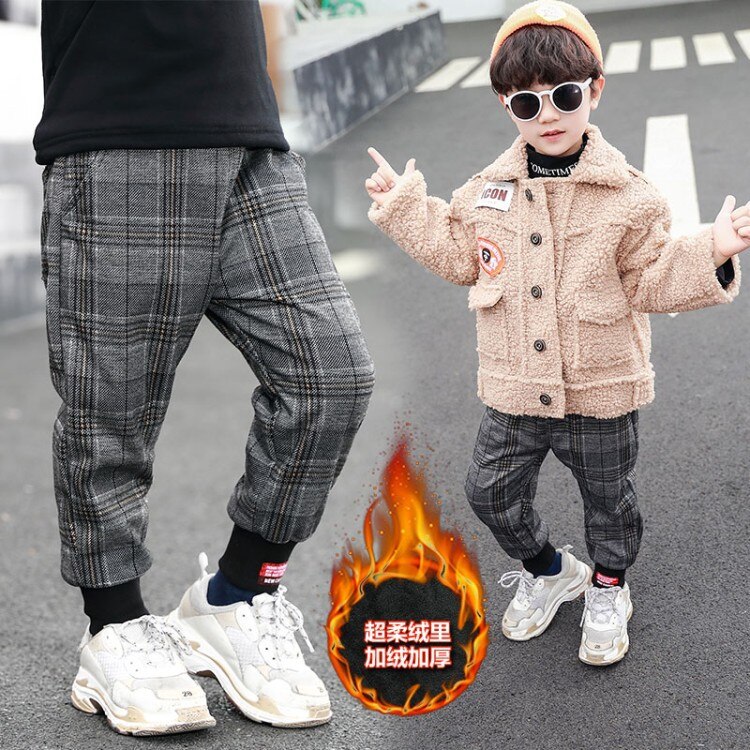 Boys Winter Thick Plaid Pants Casual Label Pants For Boys Fashionable Loose Pants Kids Velvet Long Pants Children Trousers 2-10Y: 8