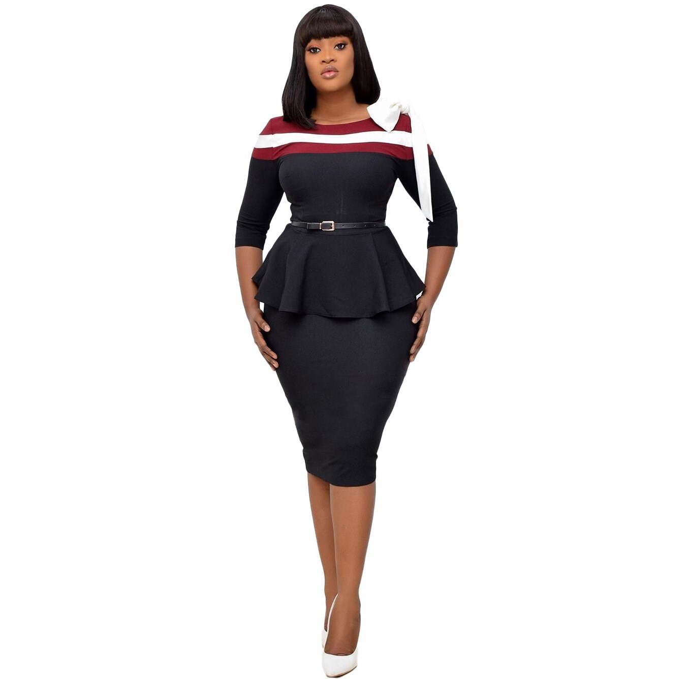 Autumn Formal Business Midi Dresses Women Zipper O Neck Bow Knot Ruffle Dresses Casual Stripe Patchwork Formal Work Office Dress