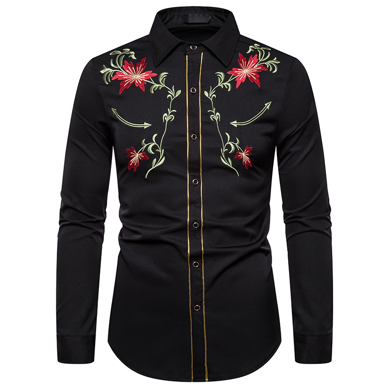 Männer Hemden Westlichen Denim Blume Bestickt Dünne Beiläufige Lange Hülse Zugeknöpft Hemd Männer der Nationalen Wind Bestickte Hemd S-2XL