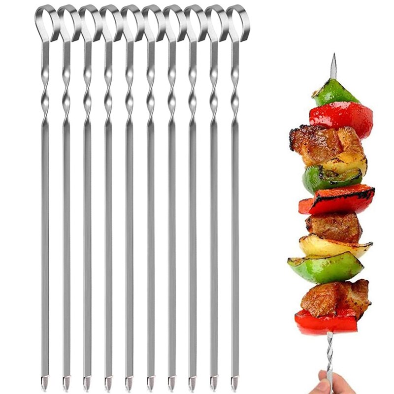 Bbq Spies Rvs Shish Kebab Bbq Vork Set 41Cm 16.15Inch Lange Platte Barbecue Naald Vlees Grill Outdoor gereedschap 6-12 Stuks