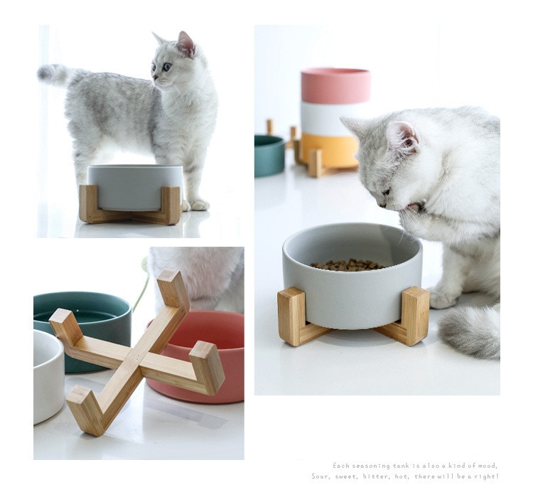 850ml kattenbakken van keramiek, hondenvoerbak, waterbak, voerbak voor huisdieren met standaard, houten dierenbenodigdheden
