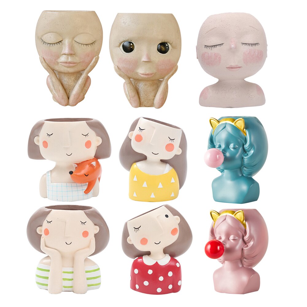 Pot de fleur en résine pour filles, Figurine tête de visage, plantes succulentes, plantes de jardin, fleurs de croissance, décor de table pour la maison, ornements