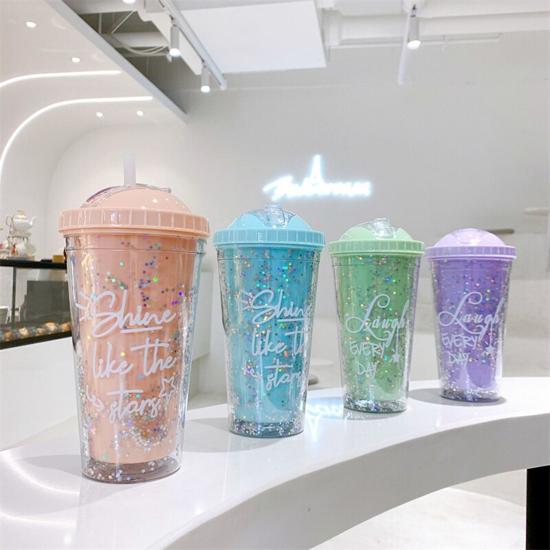 Straw Cup Double Layer Eco-Friendly Plastic Drinkware Ins Girl Water Cup Anti-fall Milk Coffee Cups For Home Office J170