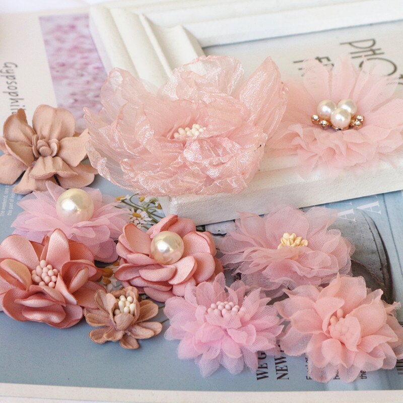 Fleurs en mousseline de soie, 10 pièces/lot, série rose, Styles mixtes, ensemble pour robe de mariée, chapeau, chaussures, décoration