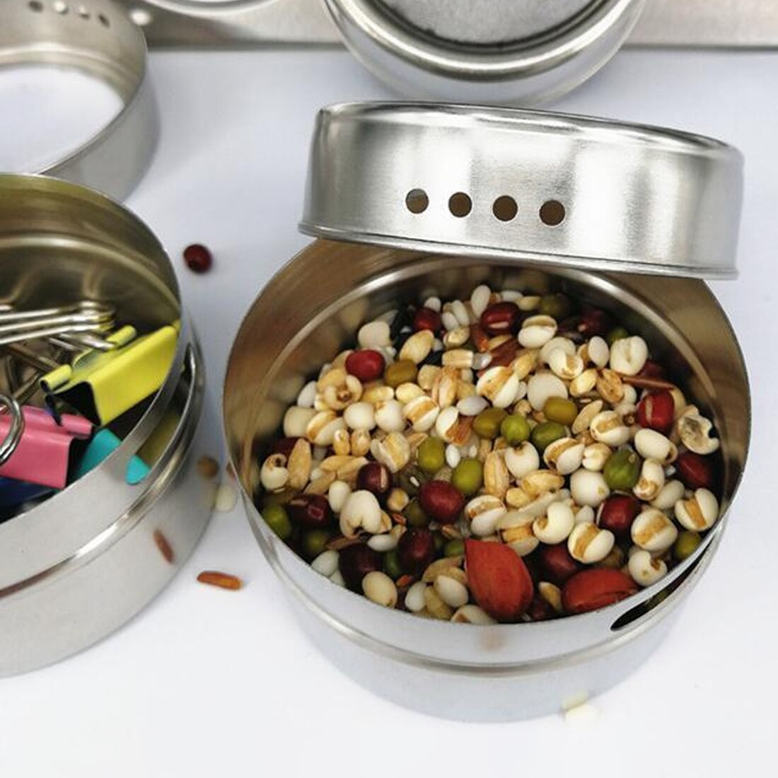 Magnetic Spice Can Set With Stickers Stainless Steel Spice Tins Spice Storage Container Pepper Seasoning Sprays Tools Spice Jar