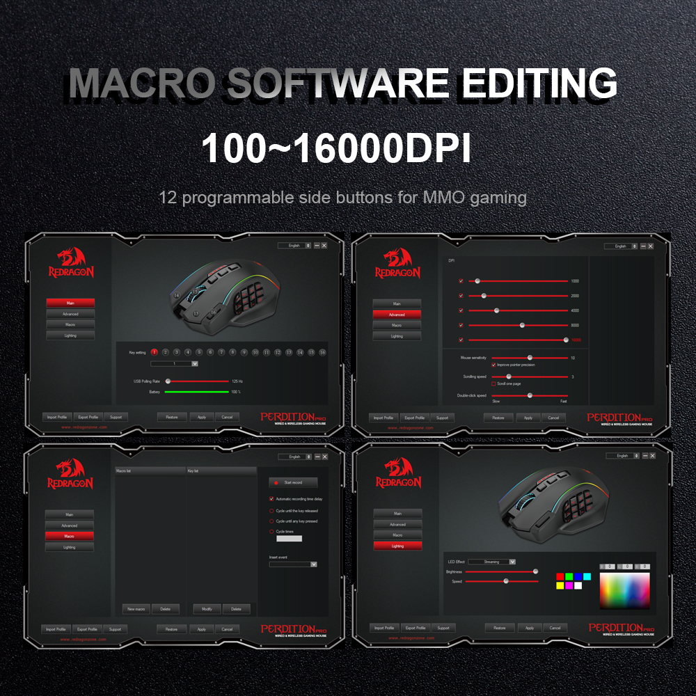REDRAGON-ratón inalámbrico para juegos, periférico ergonómico programable con 19 botones, Perdiction M901-KS Elite, RGB, USB, 2,4G, 16000DPI