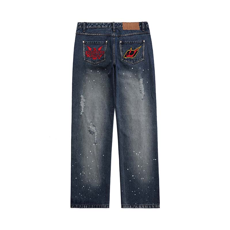 Hip Hop Gat Geschilderd Borduurwerk Retro Ripped Denim Broek Heren En Vrouwen Straight Gewassen Zakken Casual Oversized Jeans Broek