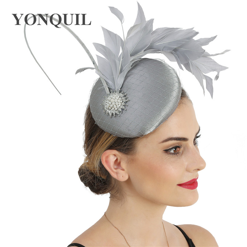 Satin Green Wedding Fascinator Hat Bridal Headpiece With Fancy Feather Hair Accessories Formal Chuch Occasion