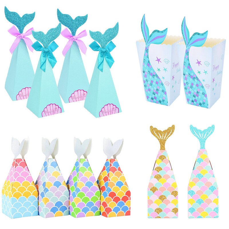 10Pcs Mermaid Tail Papier Snoep Doos Bags Popcorn Dozen Kids Little Mermaid Verjaardagsfeestje Decoratie Baby Shower Benodigdheden