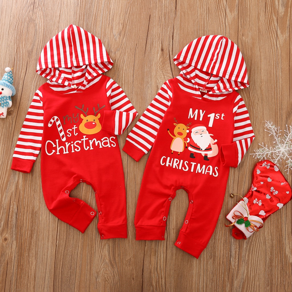 Pasgeboren Jongens Meisjes Kerst Jumpsuits Hooded Hals Streep Lange Mouw Cartoon Lange Romper Overall Kleding Ropa De Bebe