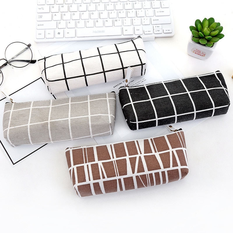 Canvas Geometric Pencil Case School Simple Striped Grid Solid Color Cute Kawaii Pencil Bag Pouch Office Students Kids Supplies