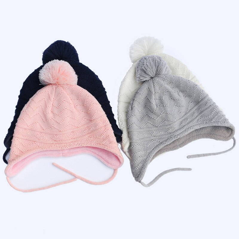 Winter Warm Kids Wol Hoed Gehoorbescherming Gebreide Muts Zachte Wollen Cap Effen Kleur Mode Baby Pompom Beanie Hoed Voor 0-5 Jaar