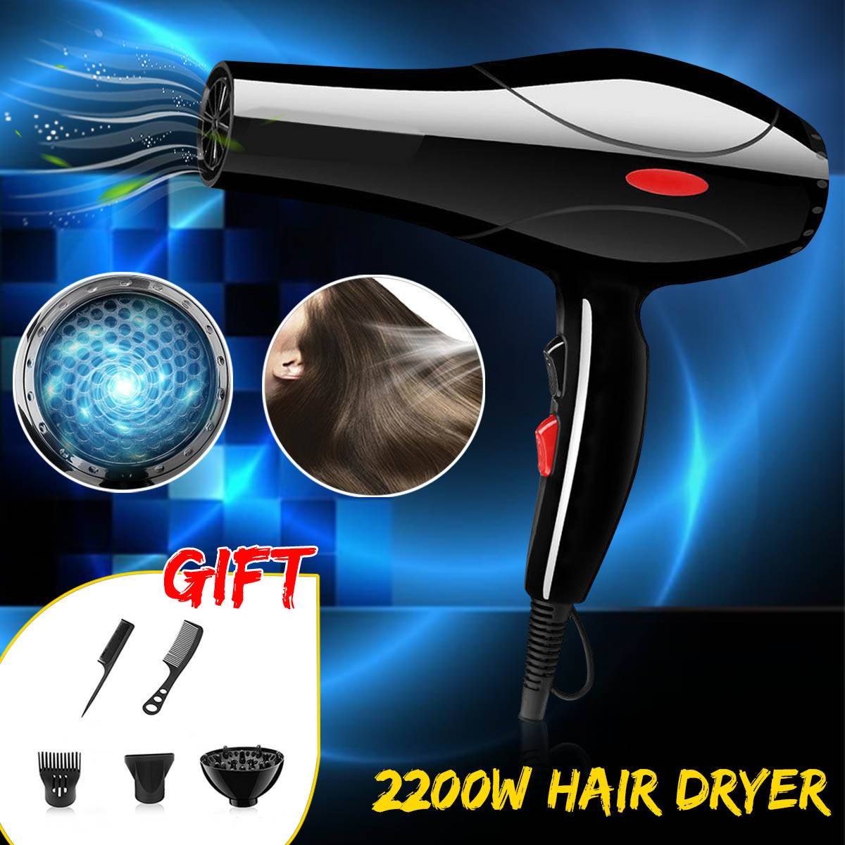 2200W Powerful Hair Dryer with Nozzle Tail Comb Flat