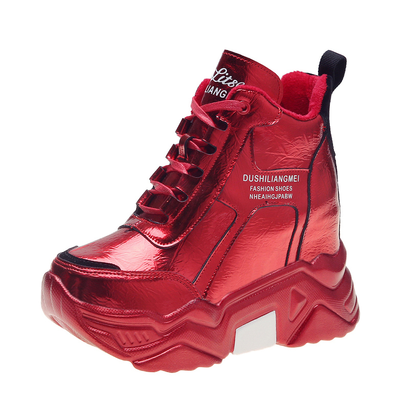 Højbund kvinder støvler sne varme vinter sneakers pu metal sølv støvler botas damer højde stigende 10cm platform støvler mujer: Rød / 4